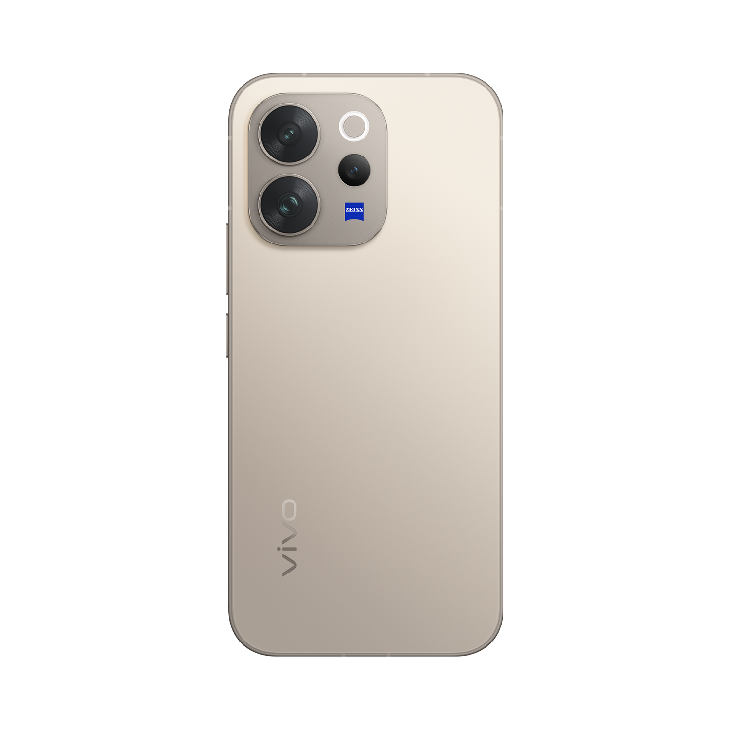 Vista trasera de un smartphone beige claro con tres cámaras y logo Zeiss.