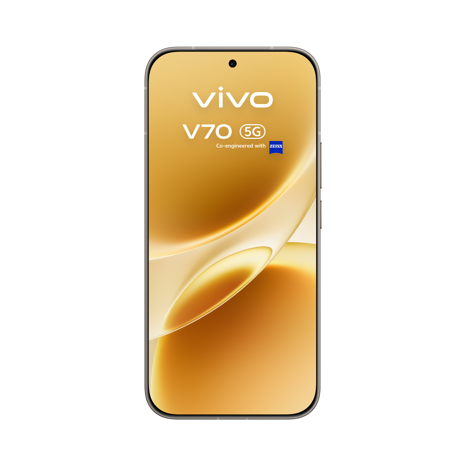 Un Vivo V70 5G dorado con coingeniería ZEISS sobre fondo negro.