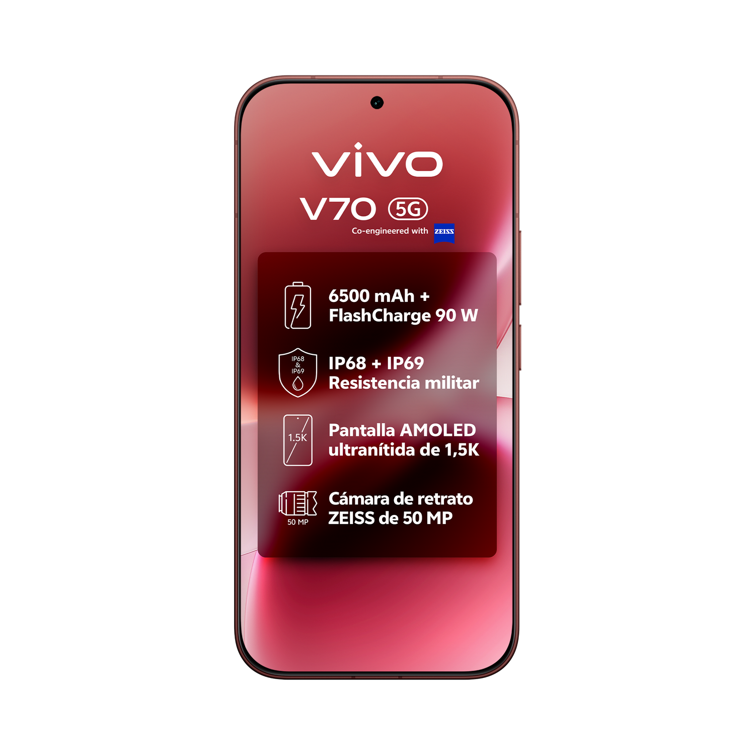 Vivo V70 5G con 6500mAh, FlashCharge 90W, IP68/69, AMOLED 1,5K y cámara ZEISS 50MP.