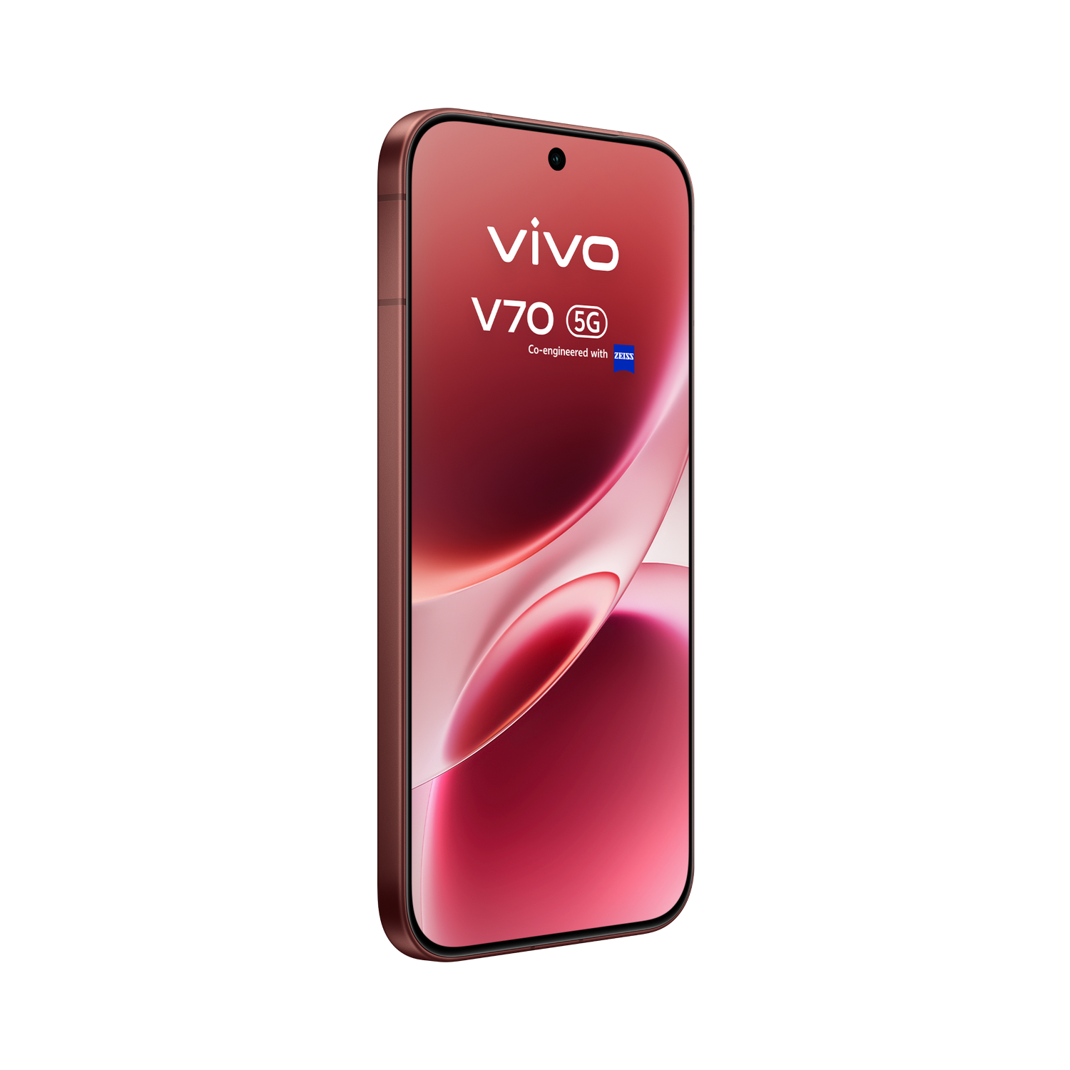 Un smartphone Vivo V70 5G color oro rosa con fondo rojo abstracto.