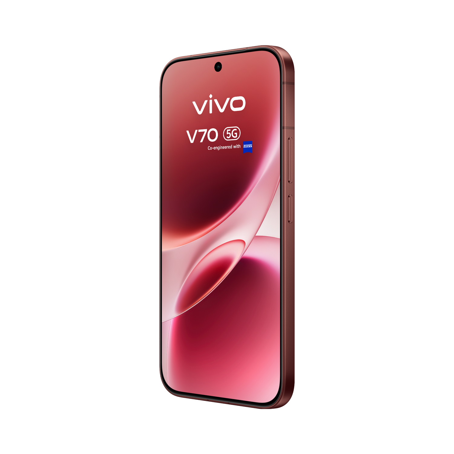 Un smartphone Vivo V70 5G en color oro rosa con fondo abstracto.
