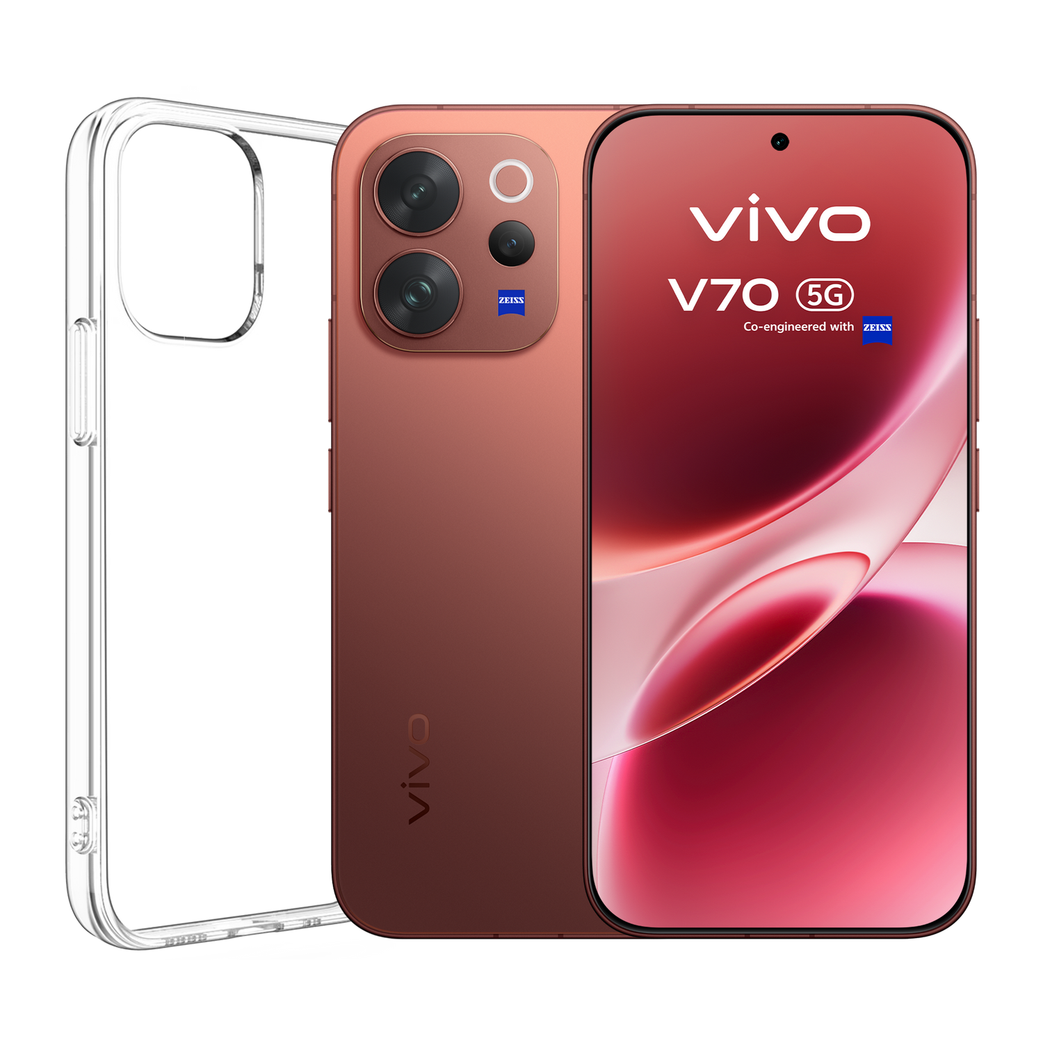 Un smartphone bronce con tres cámaras y una funda protectora transparente.