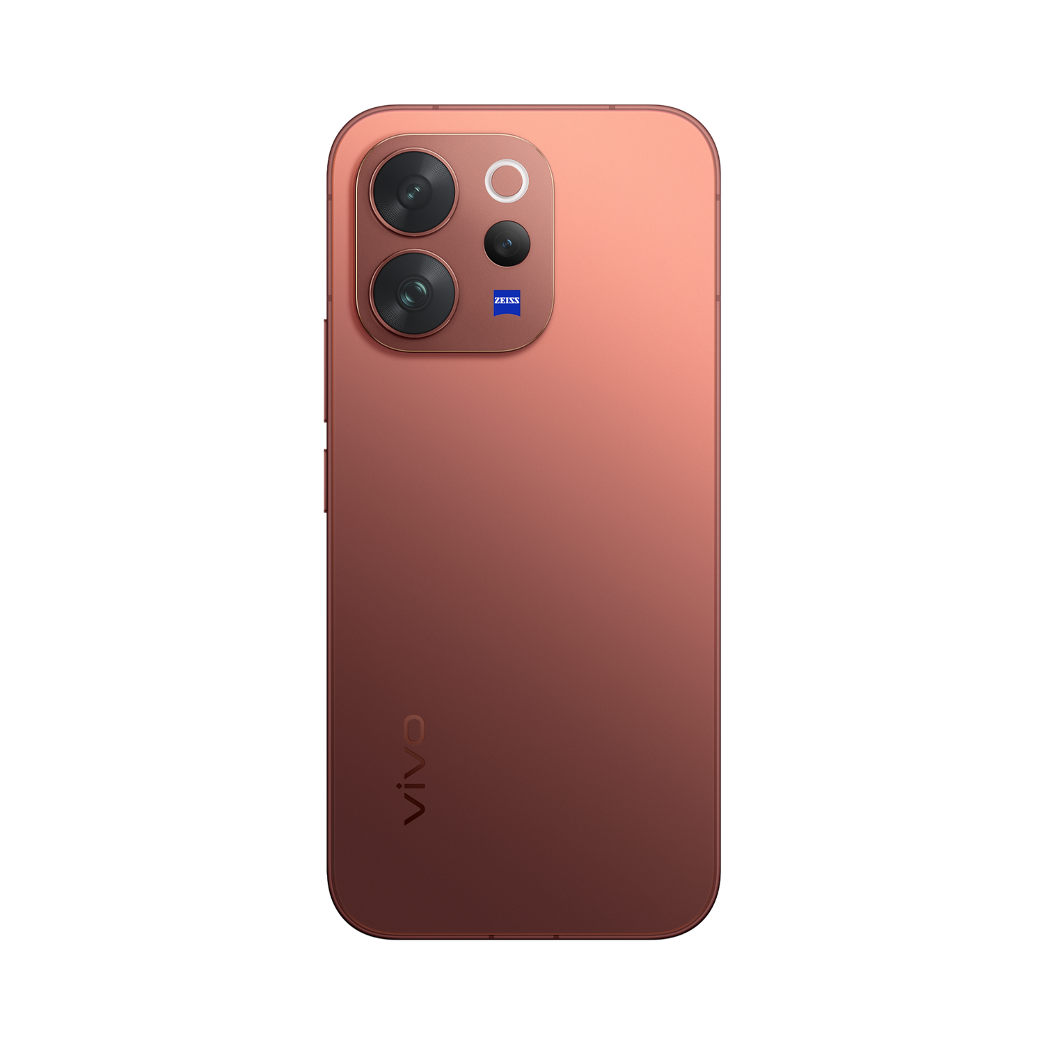 Parte trasera de un smartphone bronce con tres lentes de cámara y logo Zeiss.