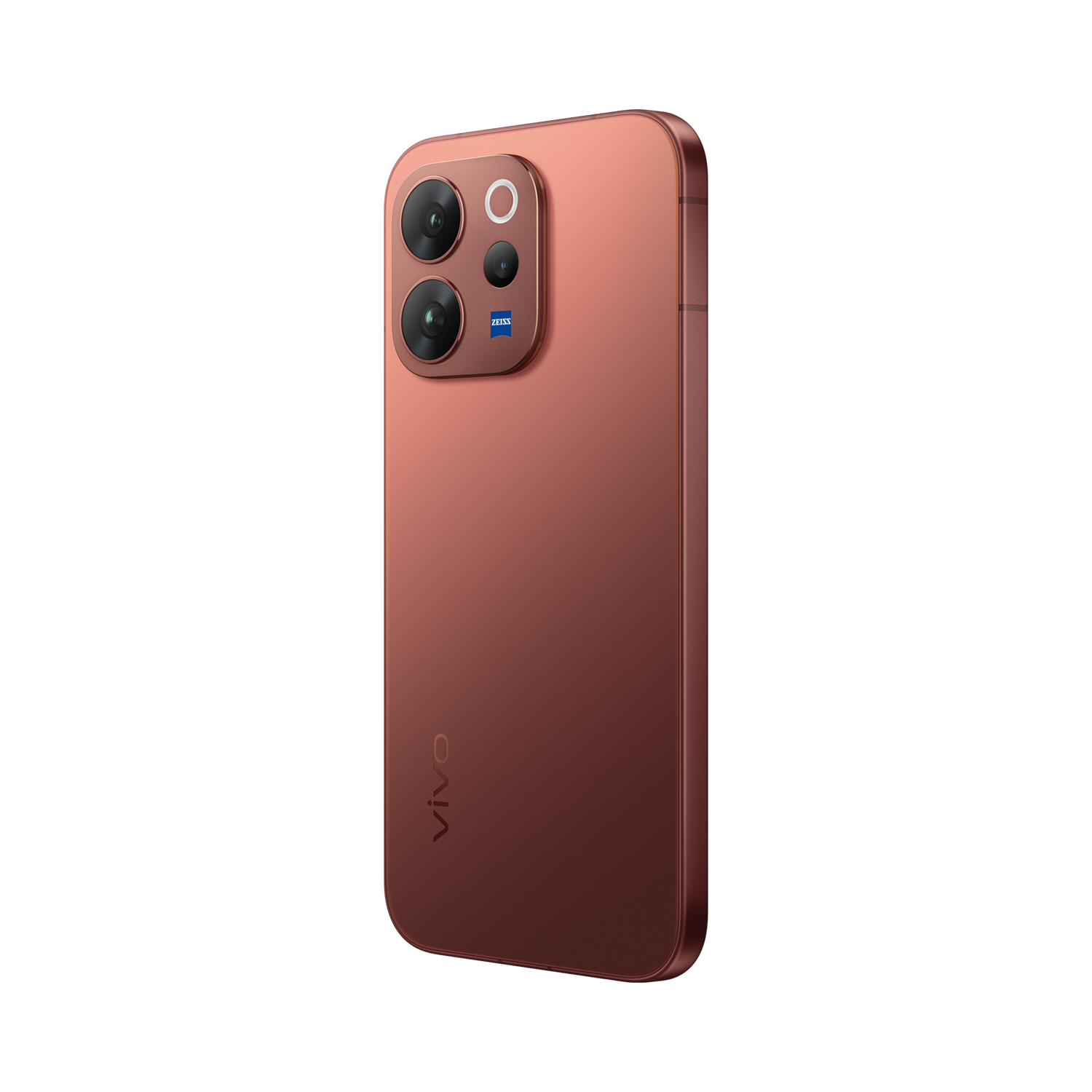 Parte trasera de un smartphone bronce con tres cámaras y logo Zeiss.