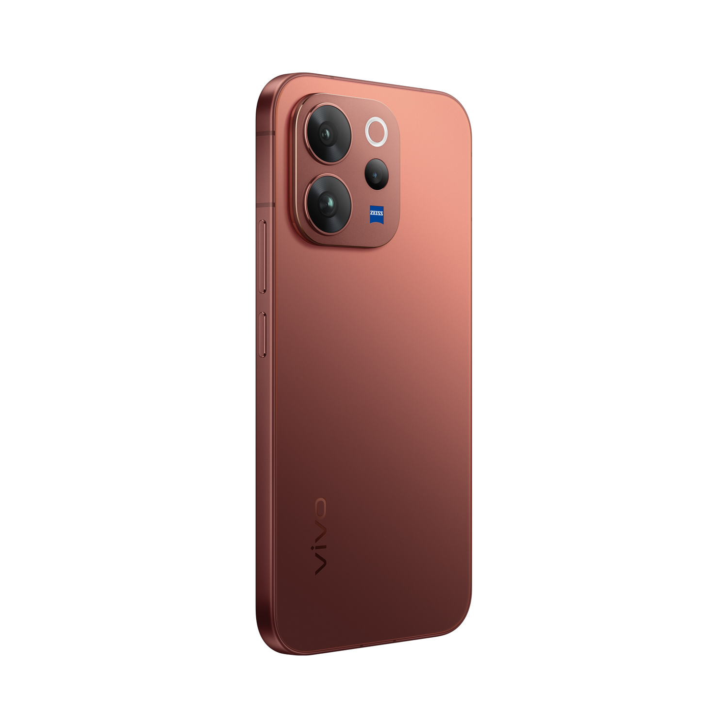 Vista trasera de un smartphone rosa dorado con triple cámara y logo ZEISS.