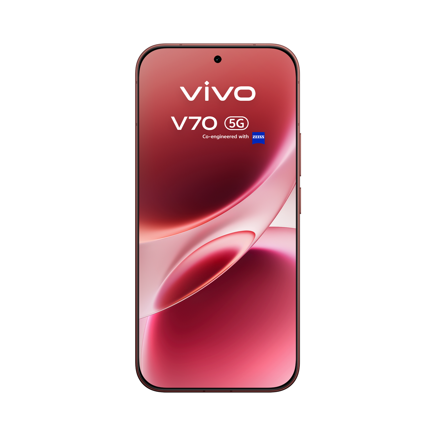 Un smartphone Vivo V70 5G color oro rosa con coingeniería ZEISS sobre fondo negro.