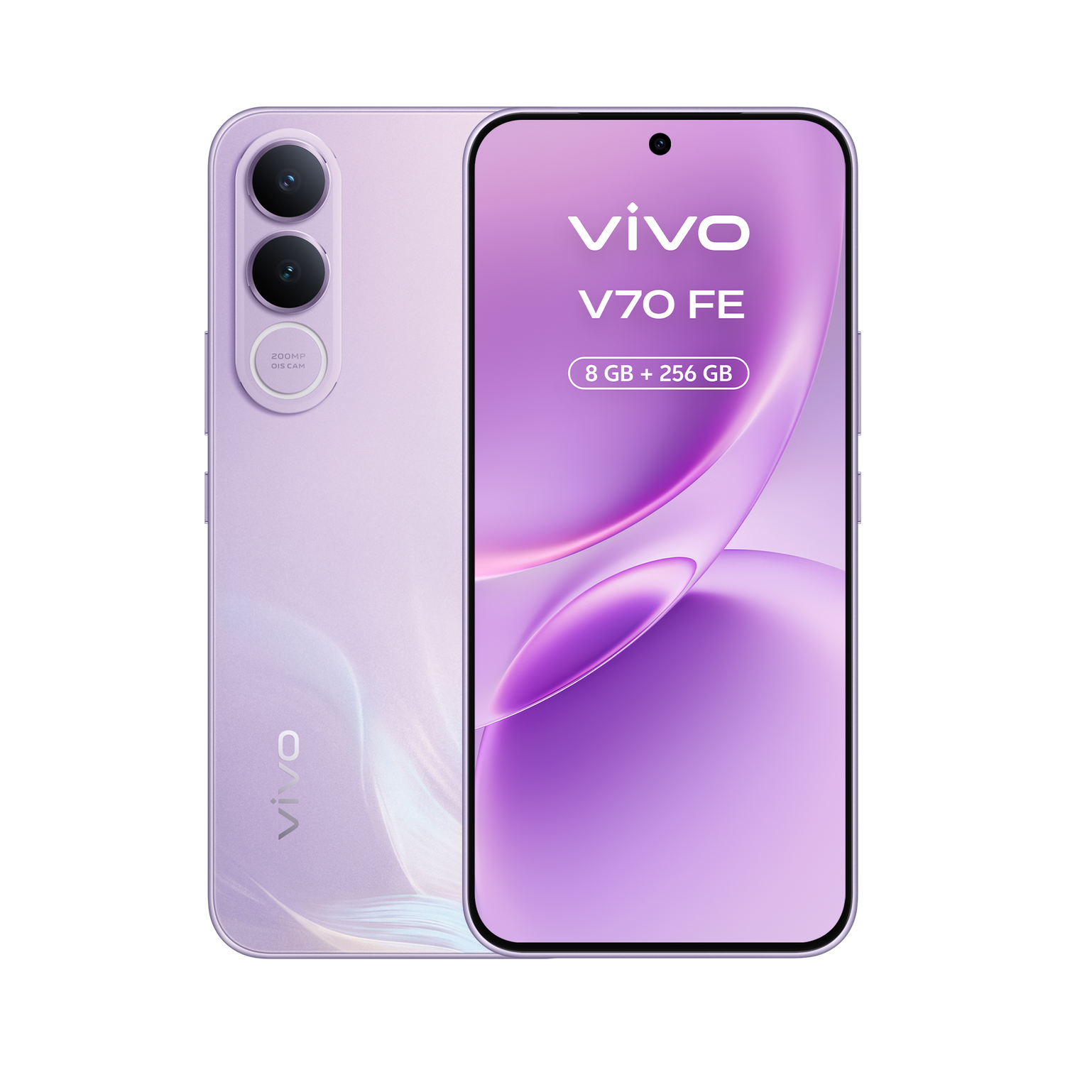 Un smartphone Vivo V70 FE morado con triple cámara trasera.