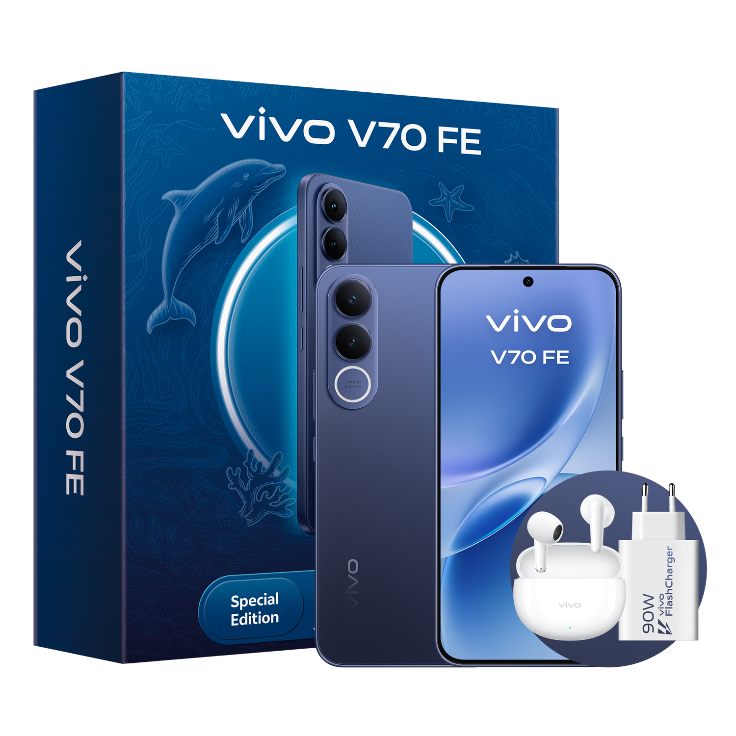 Caja azul con Vivo V70 FE, smartphone, auriculares y cargador.