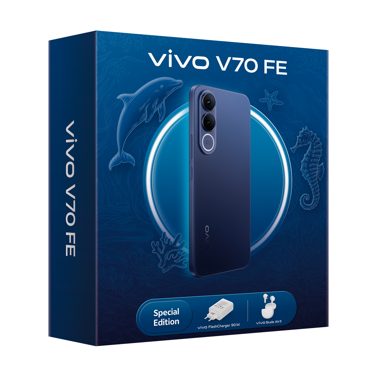Caja Vivo V70 FE con teléfono, cargador y auriculares. Diseño de delfín.