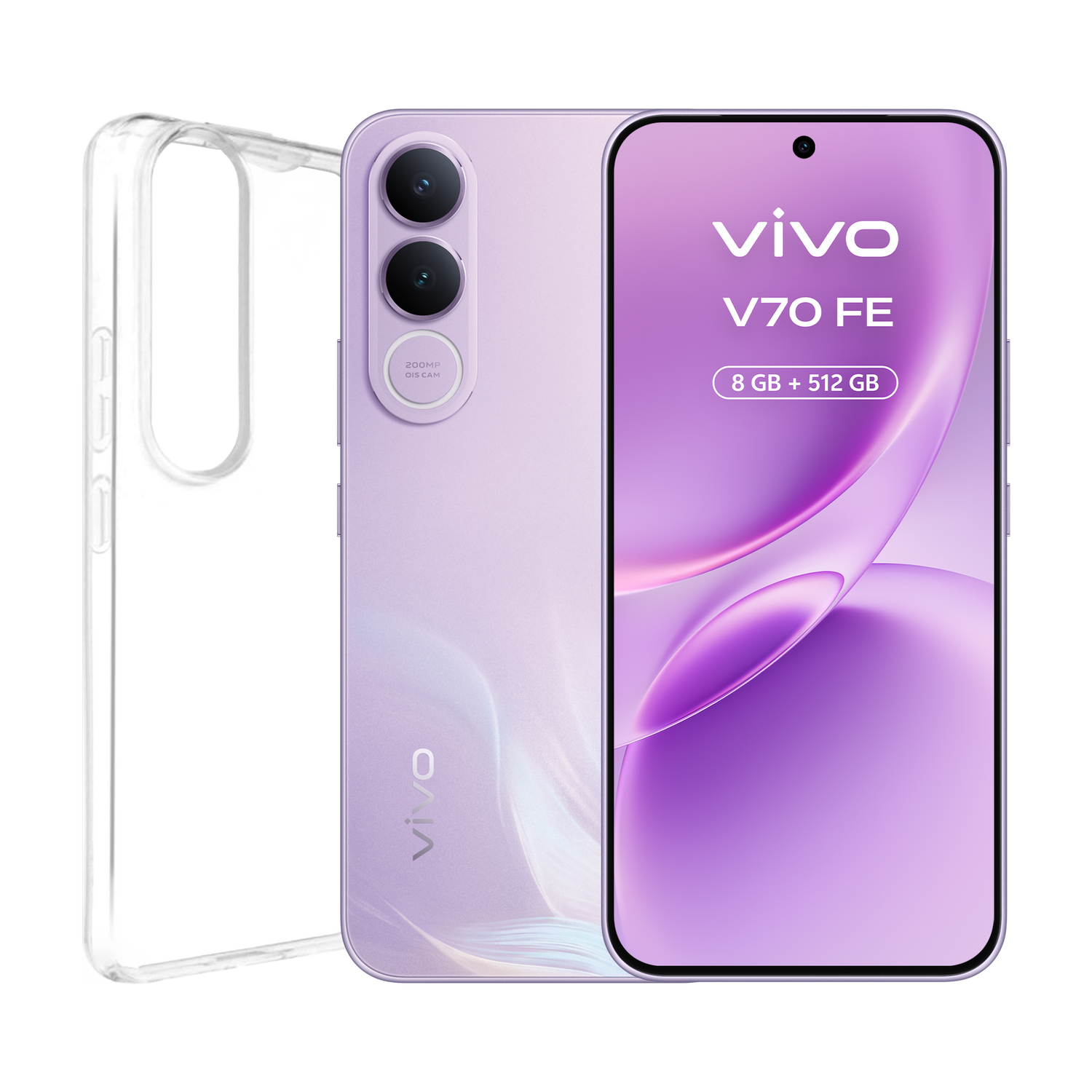 Un smartphone Vivo V70 FE morado con 8 GB + 512 GB y una funda transparente.