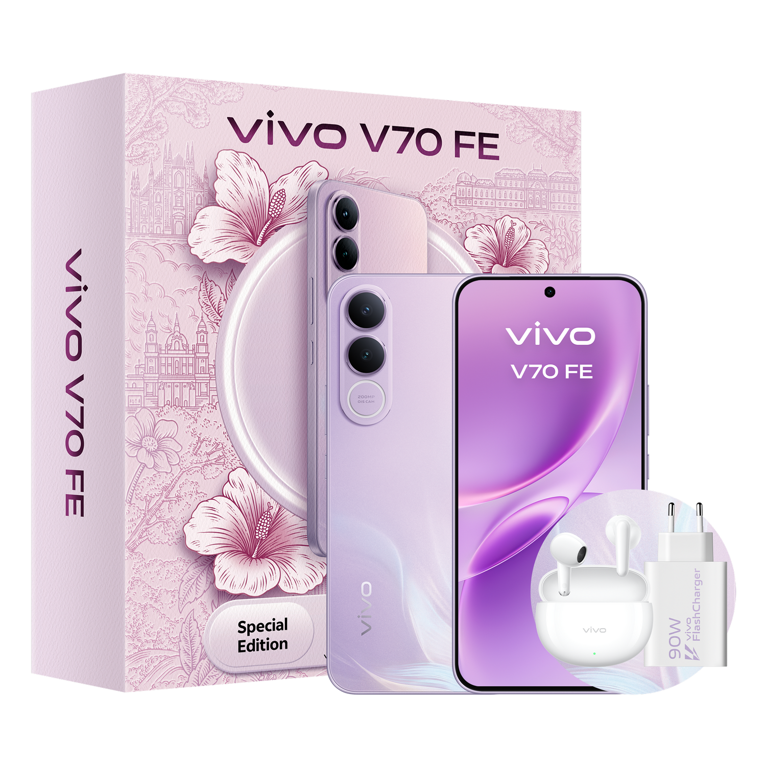 Un smartphone Vivo V70 FE morado con su caja, auriculares y cargador.