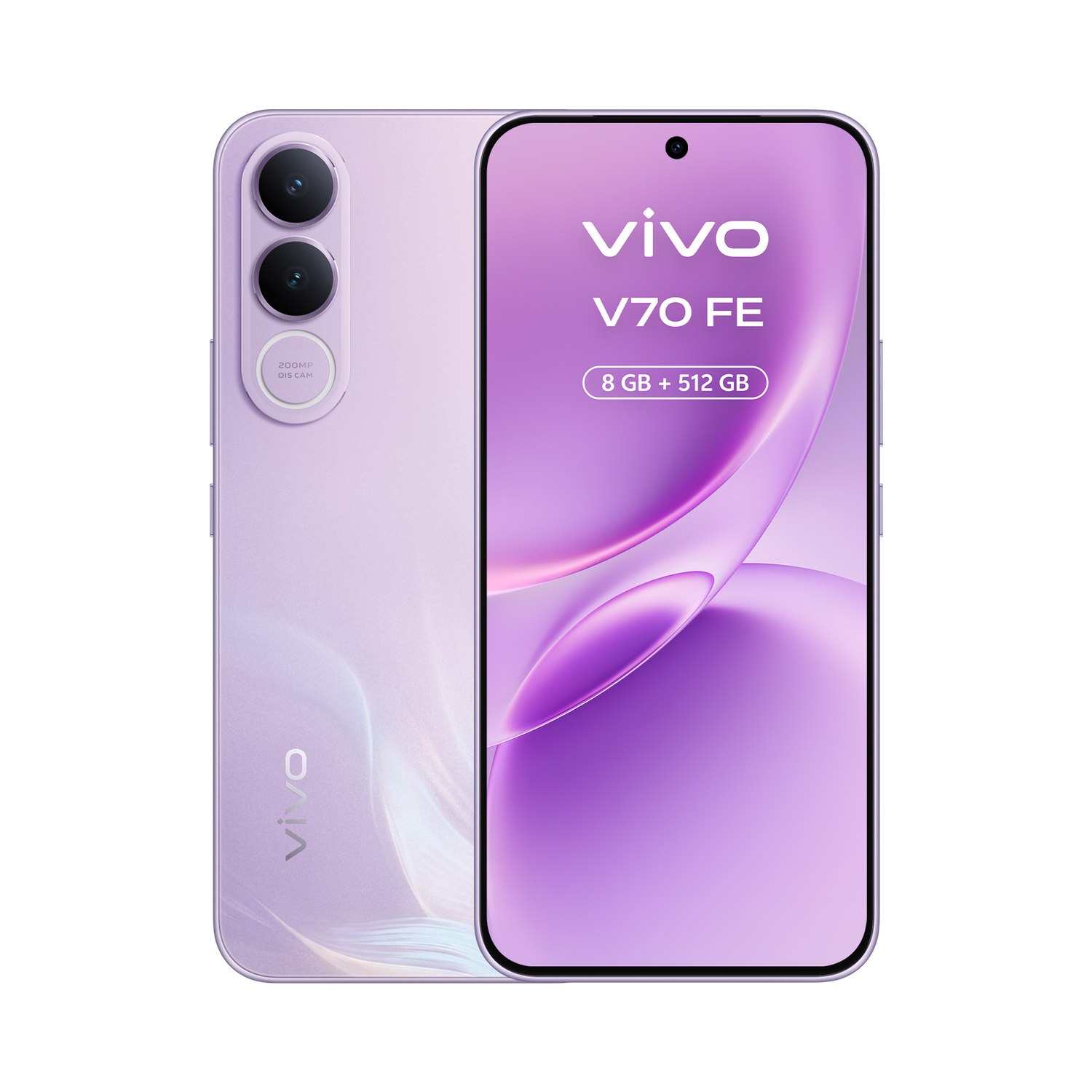 Un smartphone Vivo V70 FE morado con cámara de 200MP y 8GB+512GB de almacenamiento.