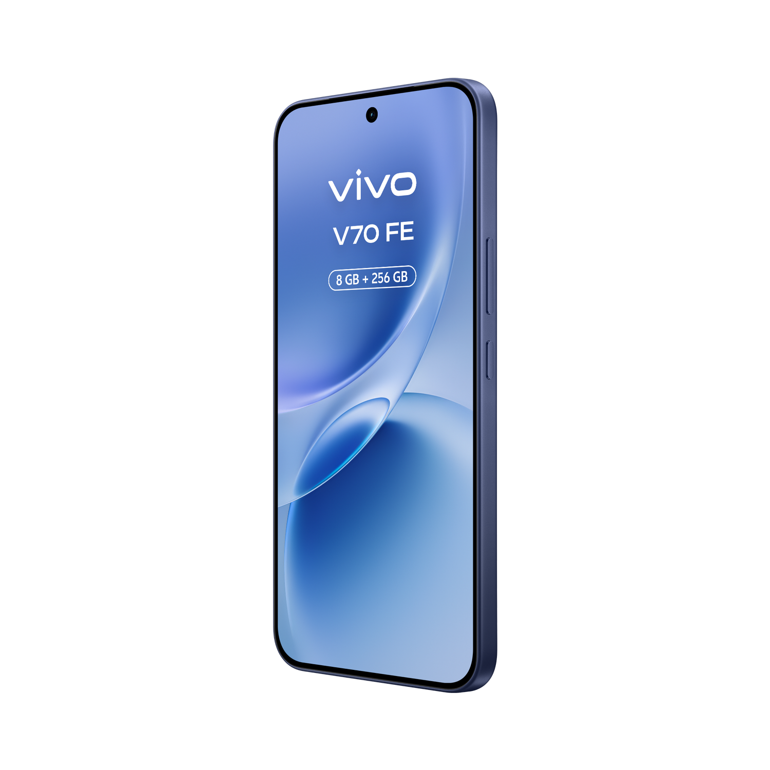 Smartphone Vivo V70 FE azul oscuro con 8GB+256GB sobre fondo gris.