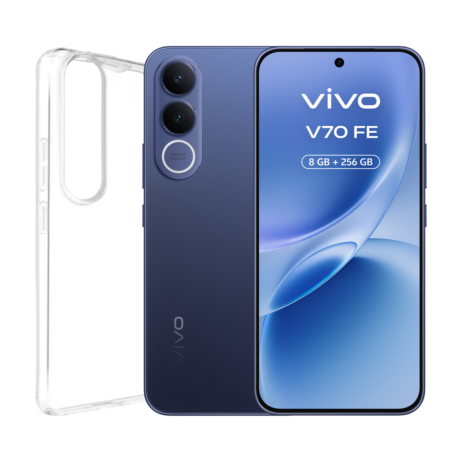 Un smartphone Vivo V70 FE morado con funda sobre fondo negro.
