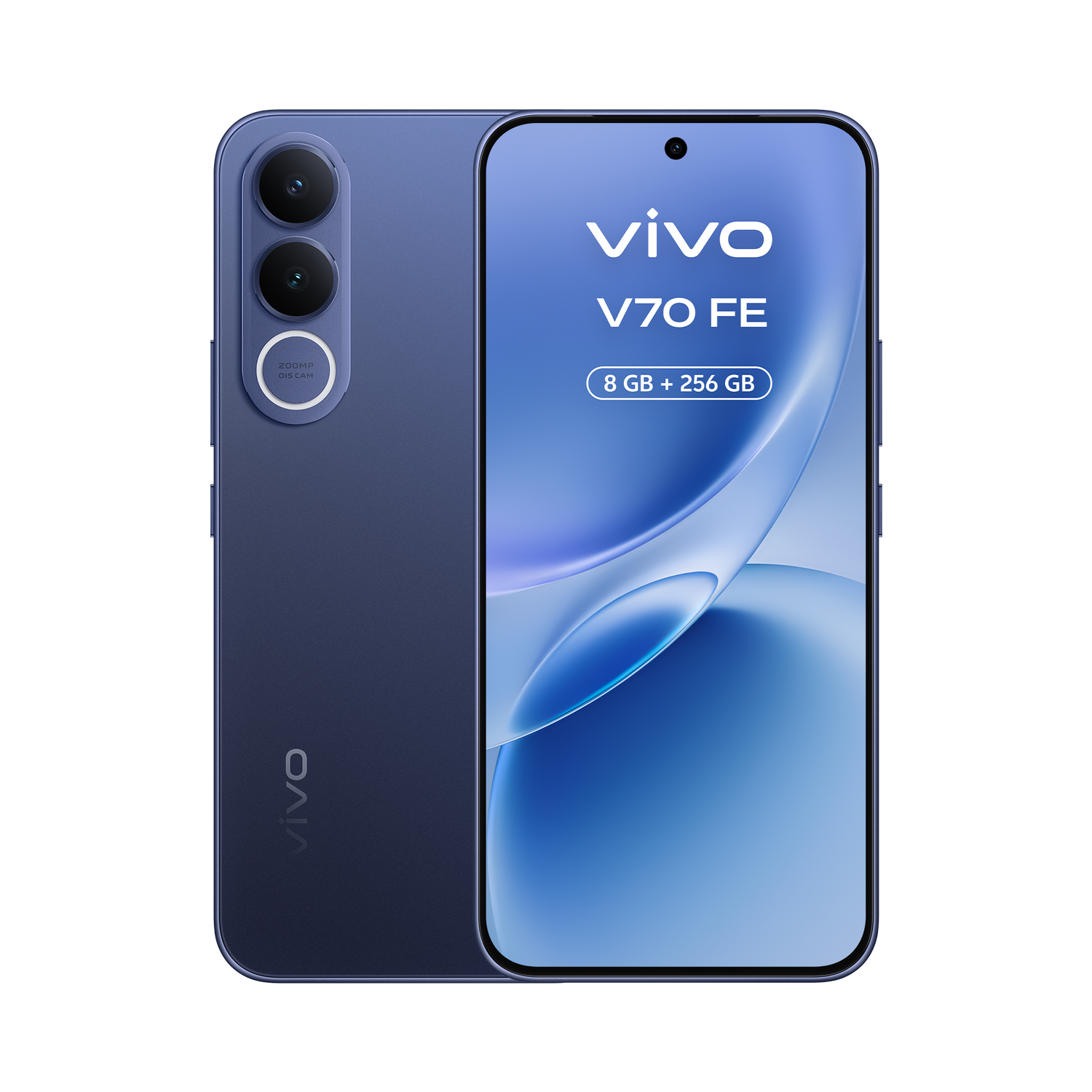 Un smartphone Vivo V70 FE azul con tres cámaras, 8GB + 256 GB.