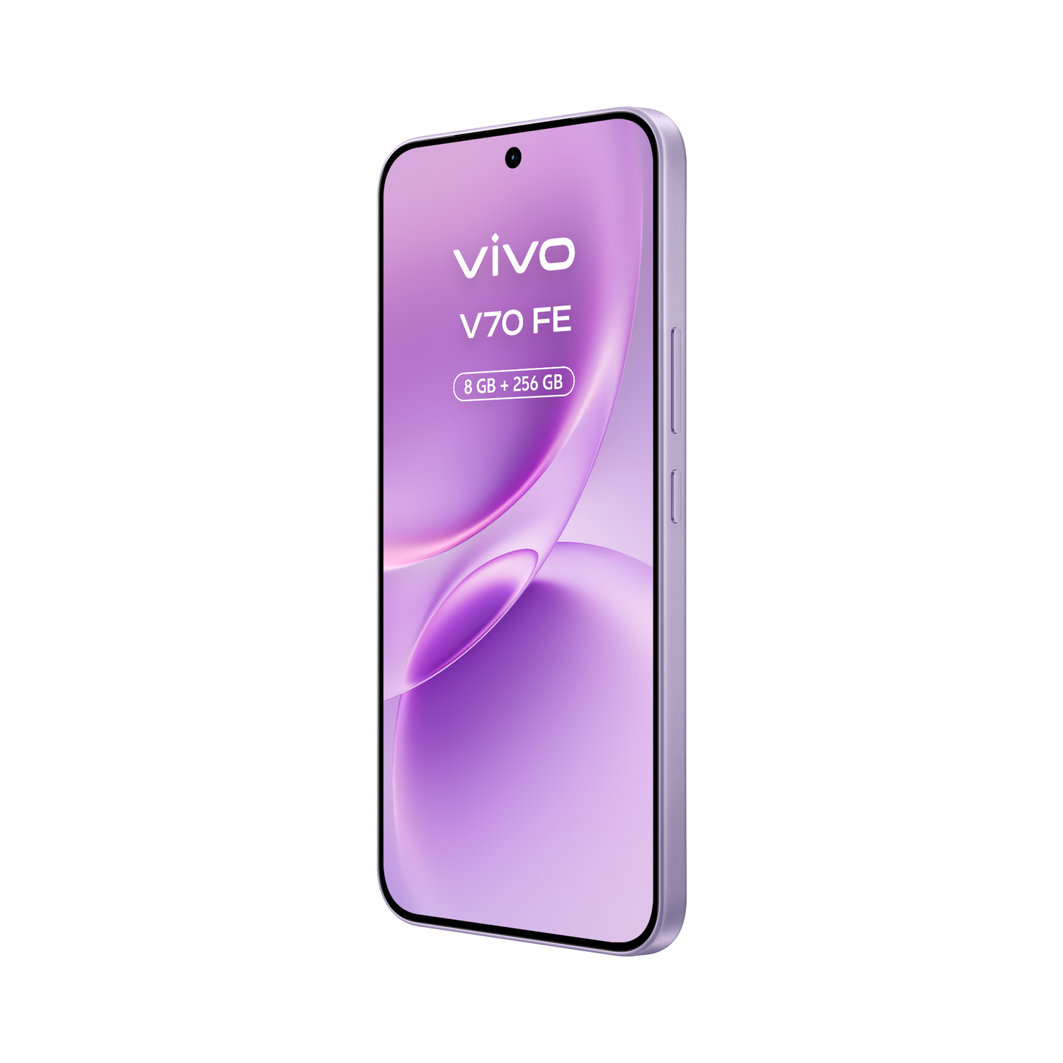 Un smartphone morado con texto Vivo V70 FE y 8 GB + 256 GB.