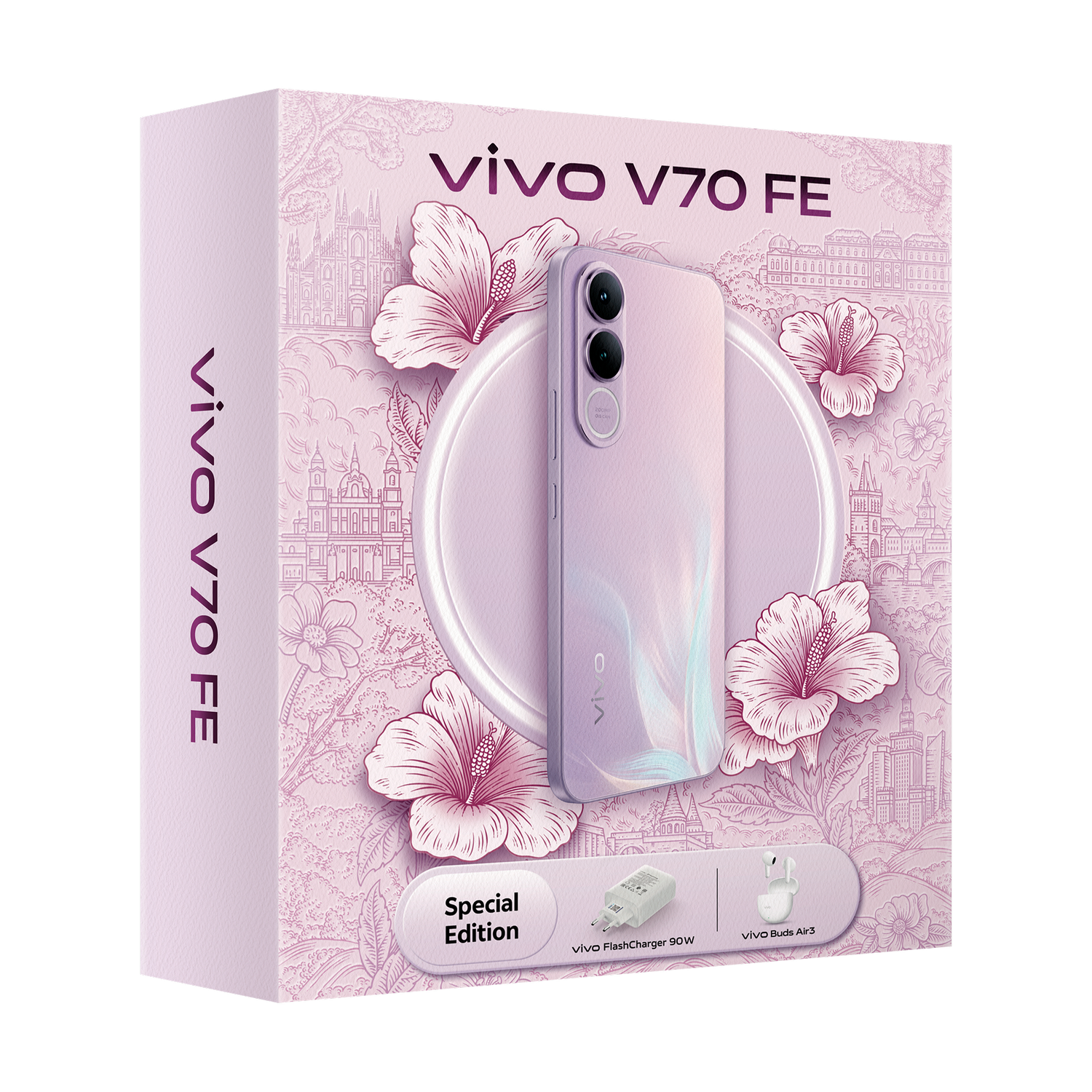 Caja VIVO V70 FE lavanda con teléfono, cargador y auriculares.