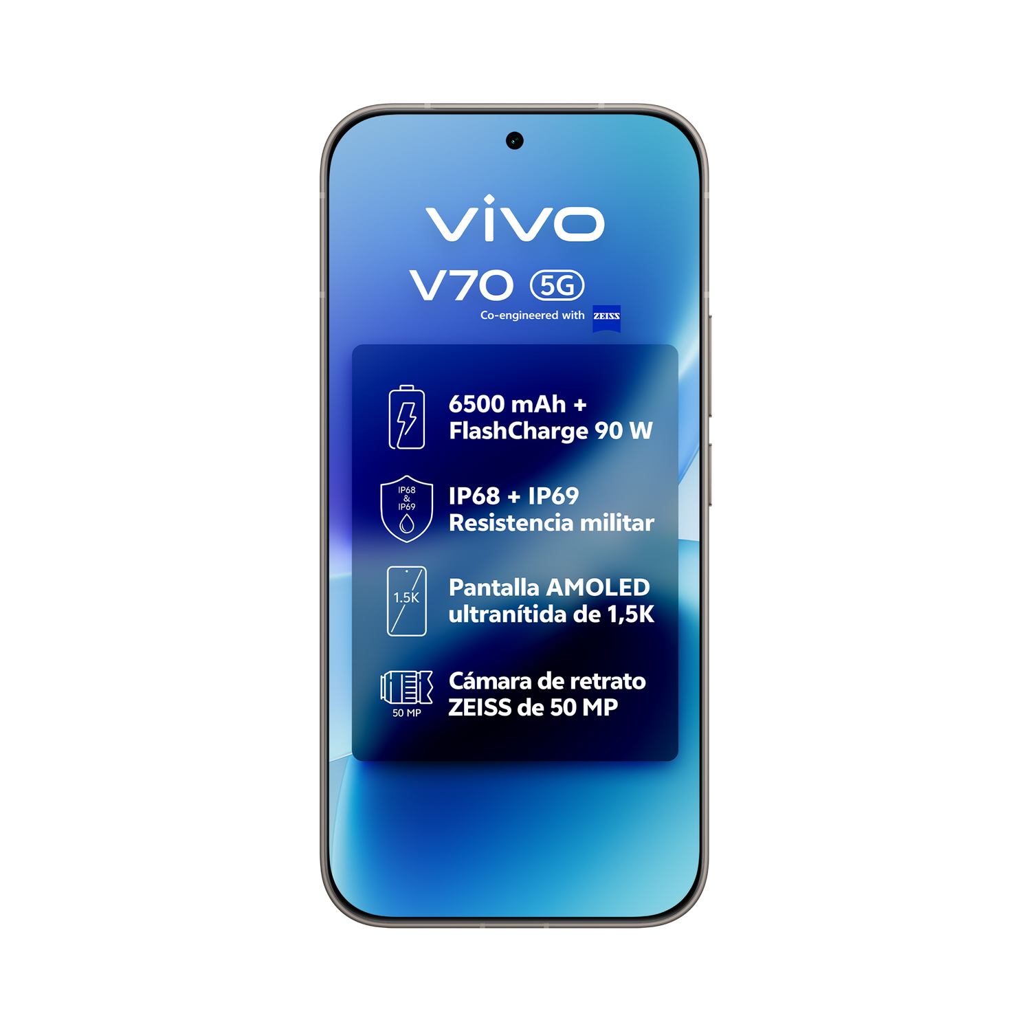 Vivo V70 5G con 6500mAh, carga rápida 90W, IP68/IP69, AMOLED 1.5K, 50MP ZEISS.