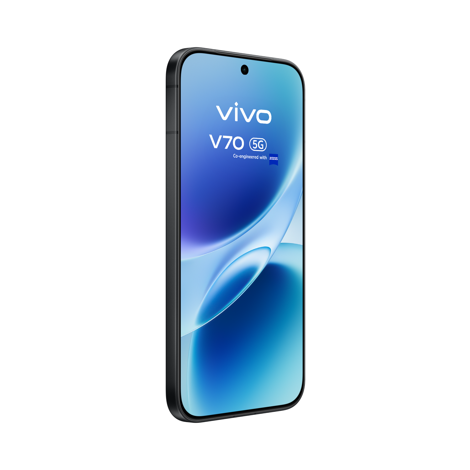 Un smartphone Vivo V70 5G negro con fondo azul.