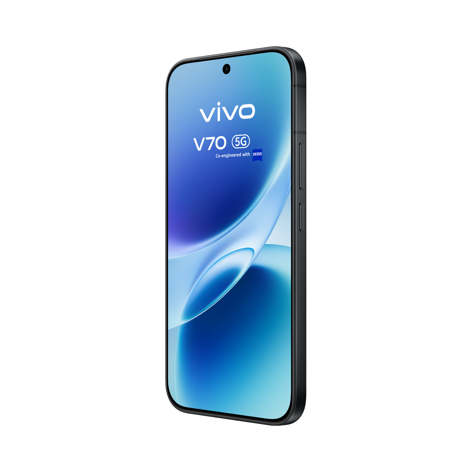 Smartphone Vivo V70 5G negro con diseño de ola azul en la pantalla.