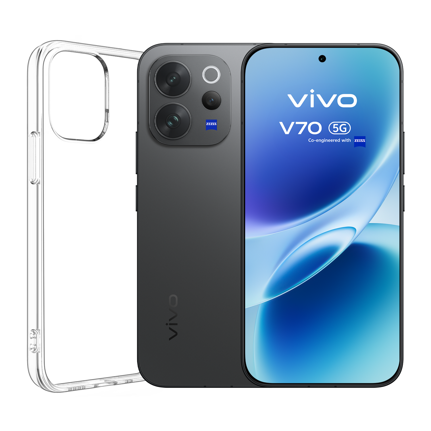 Una funda transparente para teléfono junto a un smartphone Vivo V70 5G gris oscuro.
