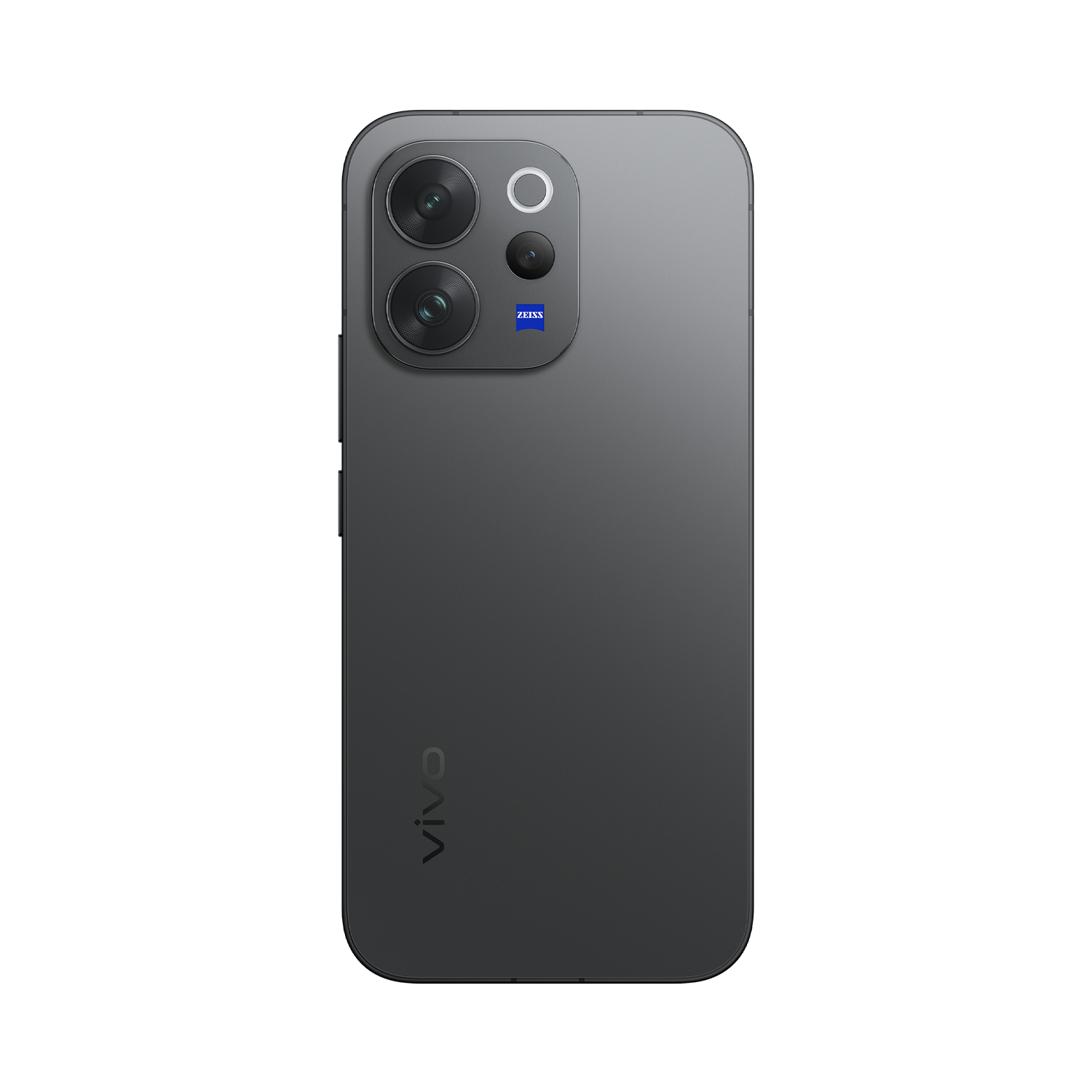 Parte trasera de smartphone gris oscuro con tres cámaras y logo ZEISS.