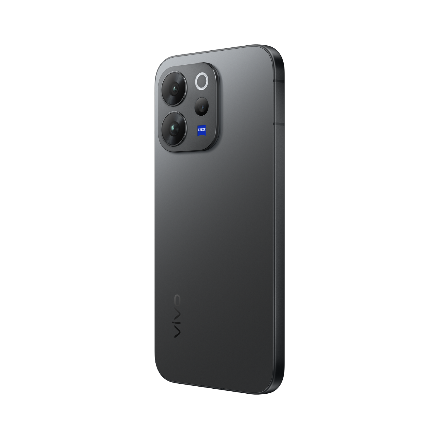 Teléfono inteligente gris oscuro con cámara triple y logo Zeiss.