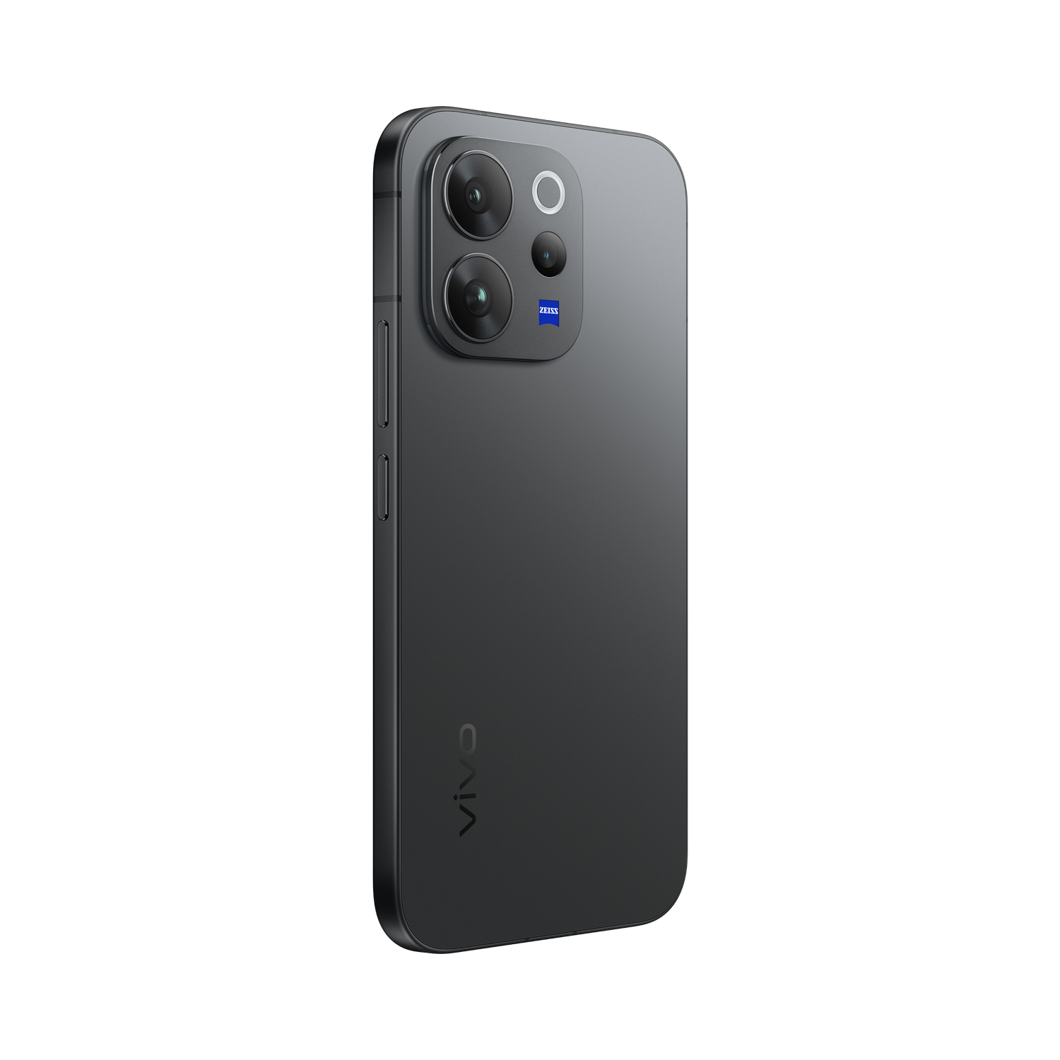 Parte trasera de un smartphone oscuro con tres cámaras y logo ZEISS.