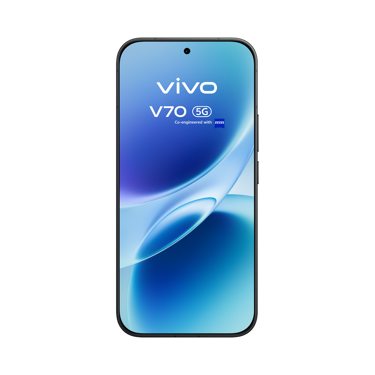 Un smartphone Vivo V70 5G mostrado con un fondo azul y fluido.