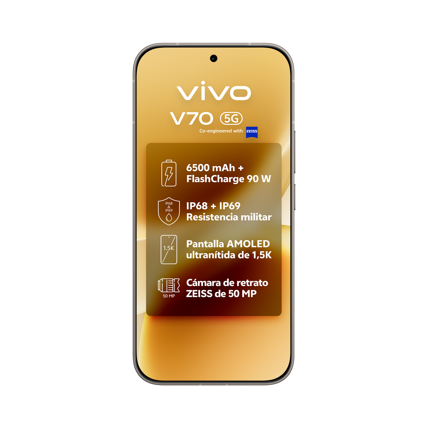 Vivo V70 5G con 6500mAh, FlashCharge 90W, IP68/IP69, AMOLED 1,5K, cámara ZEISS 50MP.