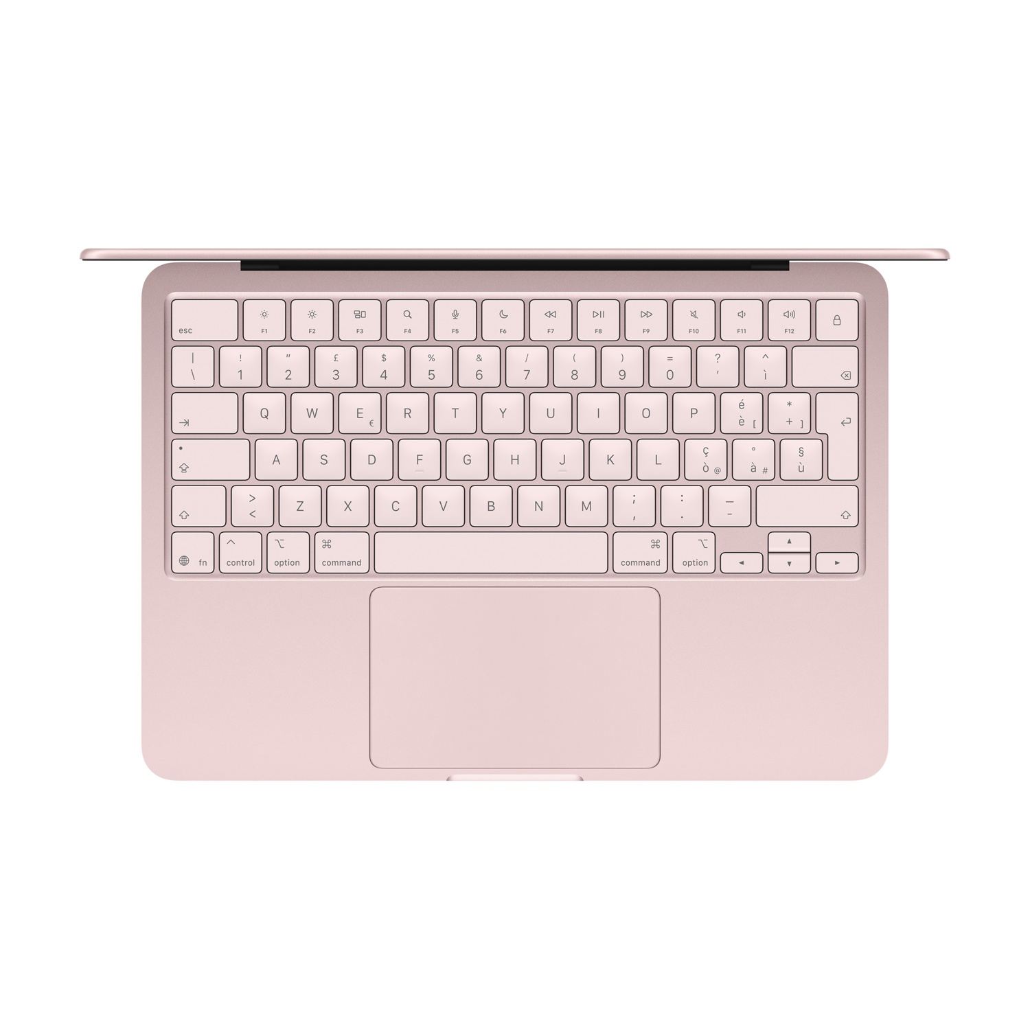 Un laptop rosa con tastiera e trackpad visibili.