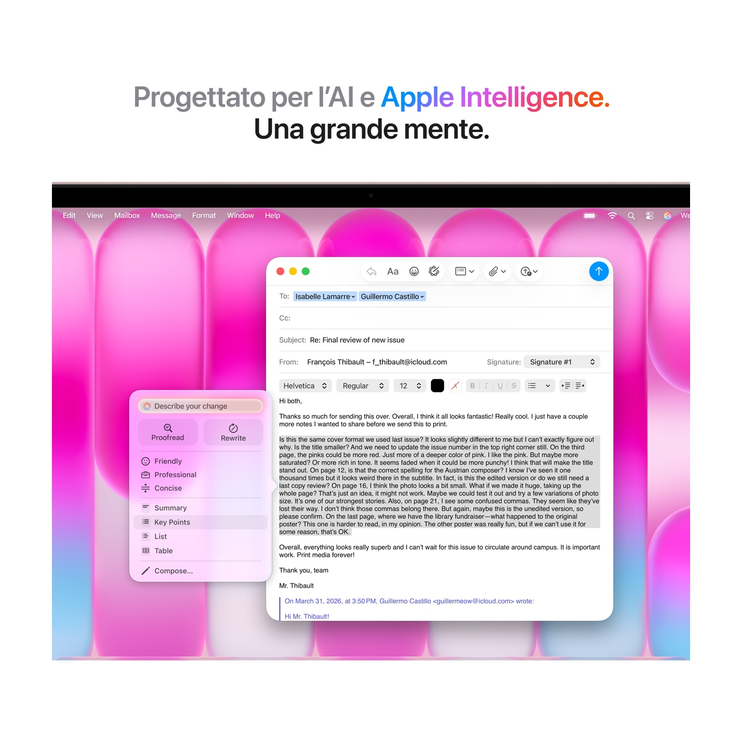 Un'interfaccia email con sfondo rosa e strumenti di modifica testo.
