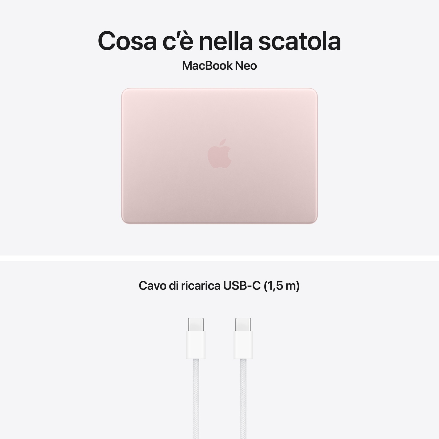 Un MacBook Neo color oro rosa e un cavo di ricarica USB-C.