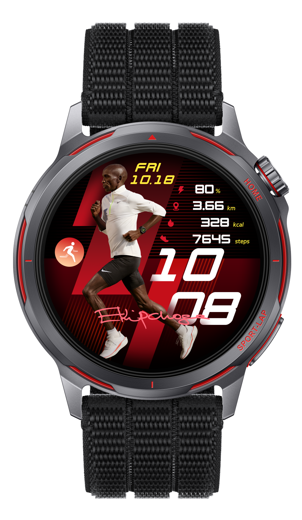 Mężczyzna biegnie na wyświetlaczu smartwatcha z danymi o biegu.