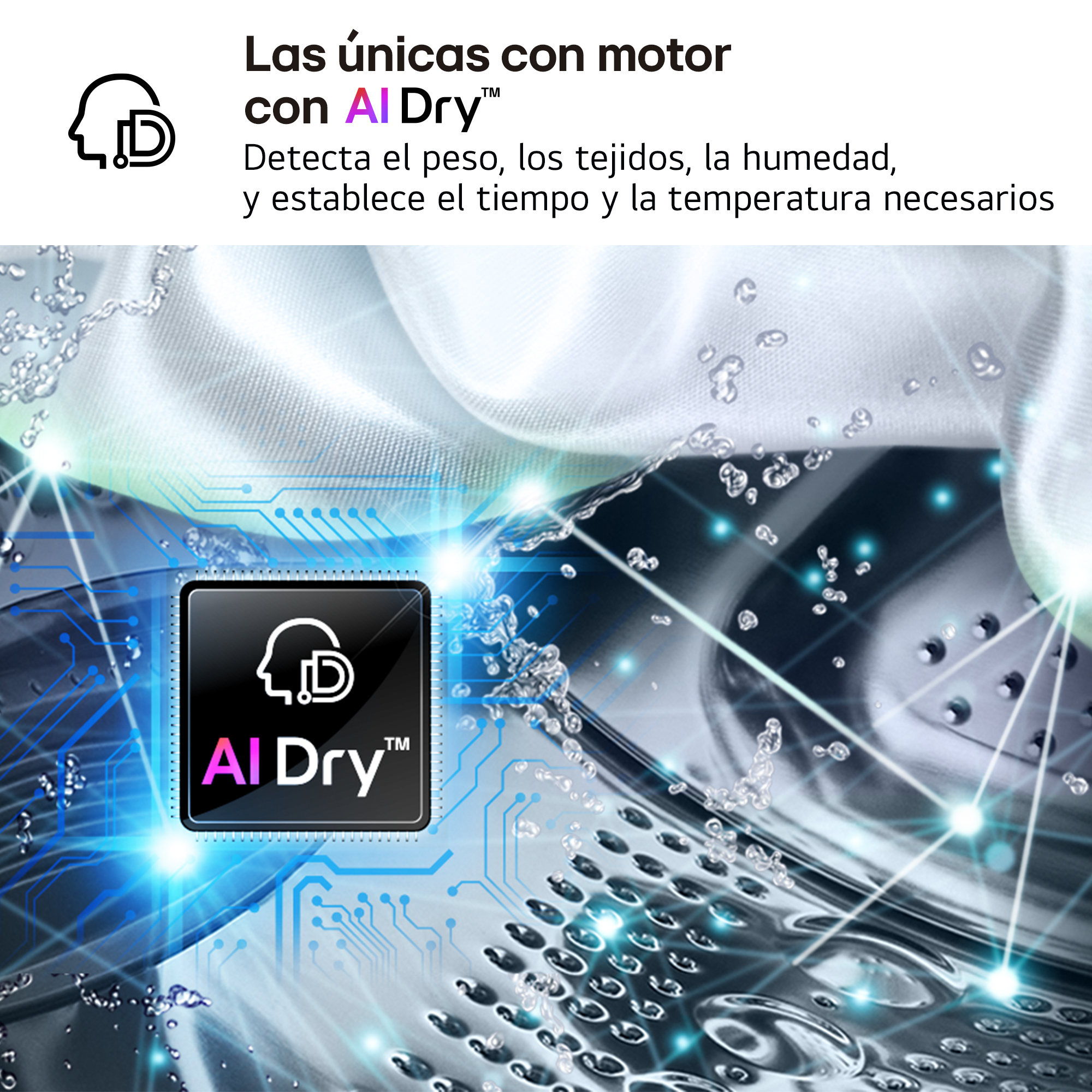 Las únicas con motor con AI Dry™. Detecta el peso, los tejidos, la humedad, y establece el tiempo y la temperatura necesarios