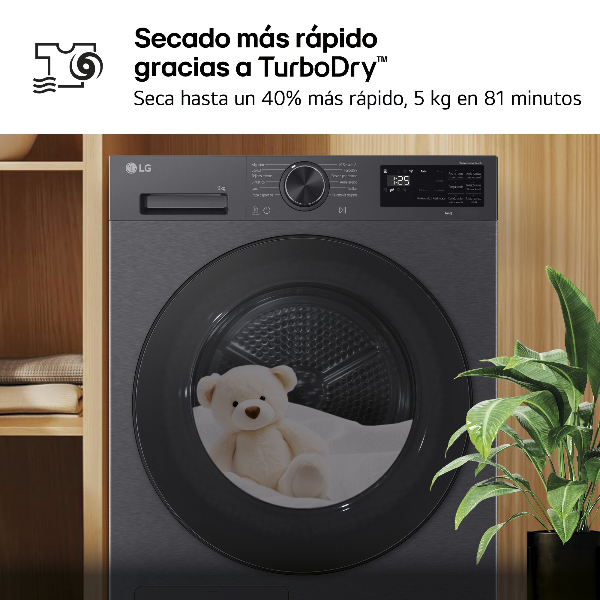 Secado más rápido gracias a TurboDry™. Seca hasta un 40% más rápido, 5 kg en 81 minutos