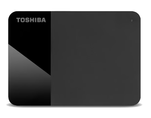 Czarny zewnętrzny dysk twardy Toshiba z błyszczącymi i matowymi bokami.