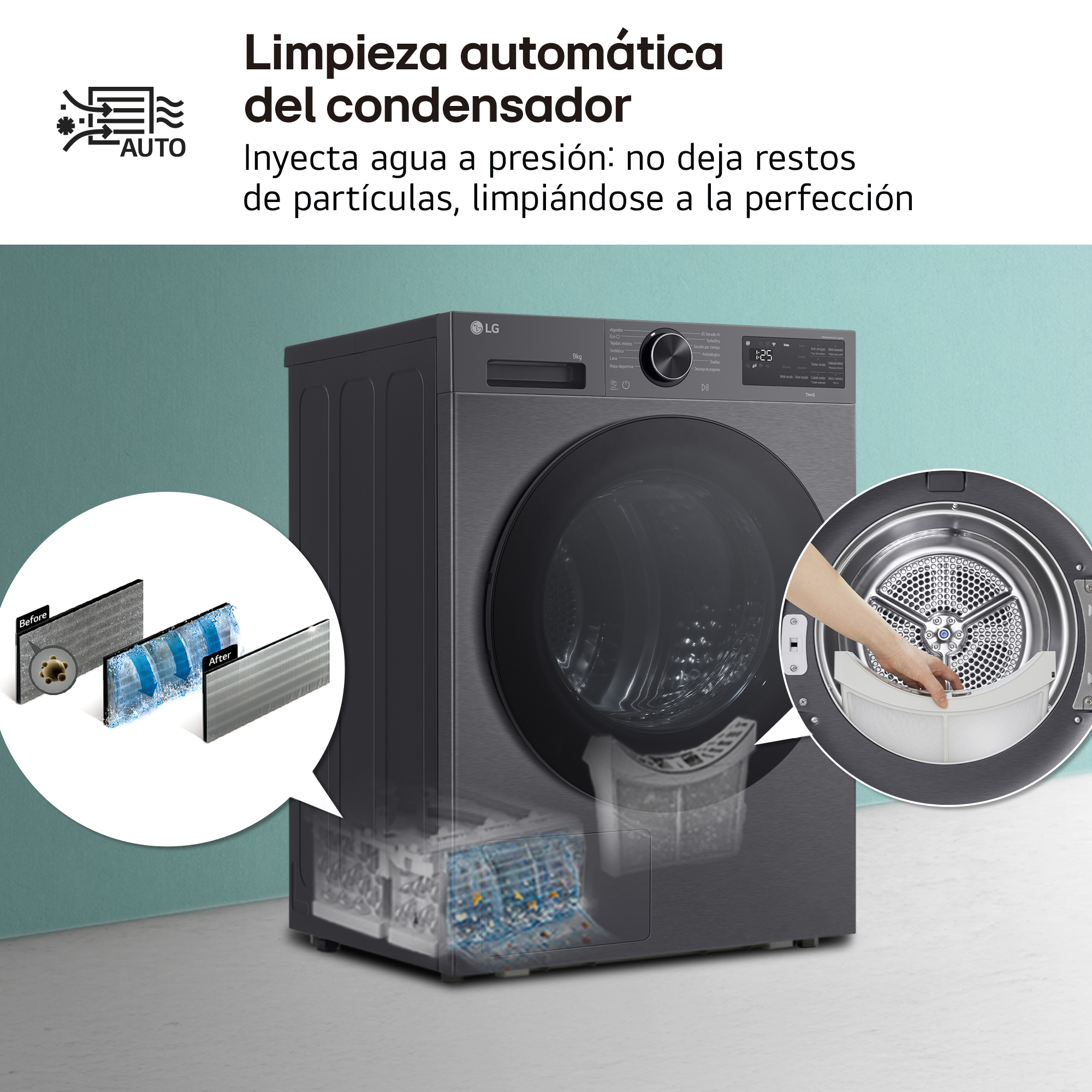 Limpieza automática del condensador. Inyecta agua a presión: no deja restos de partículas, limpiándose a la perfección