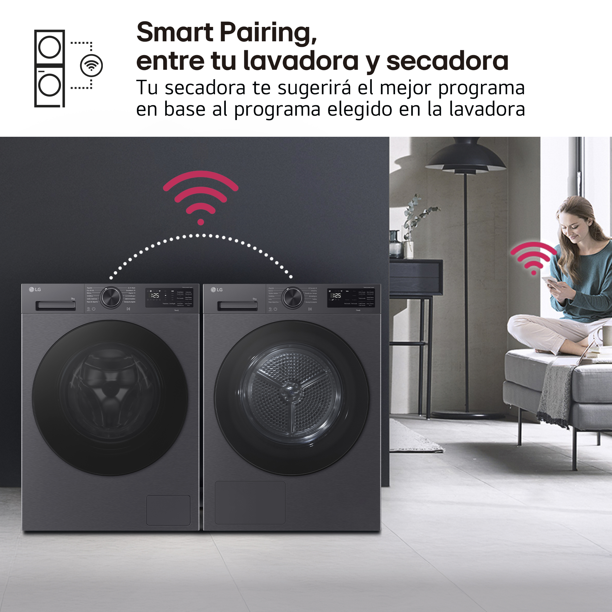 Smart Pairing, entre tu lavadora y secadora. Tu secadora te sugerirá el mejor programa en base al programa elegido en la lavadora