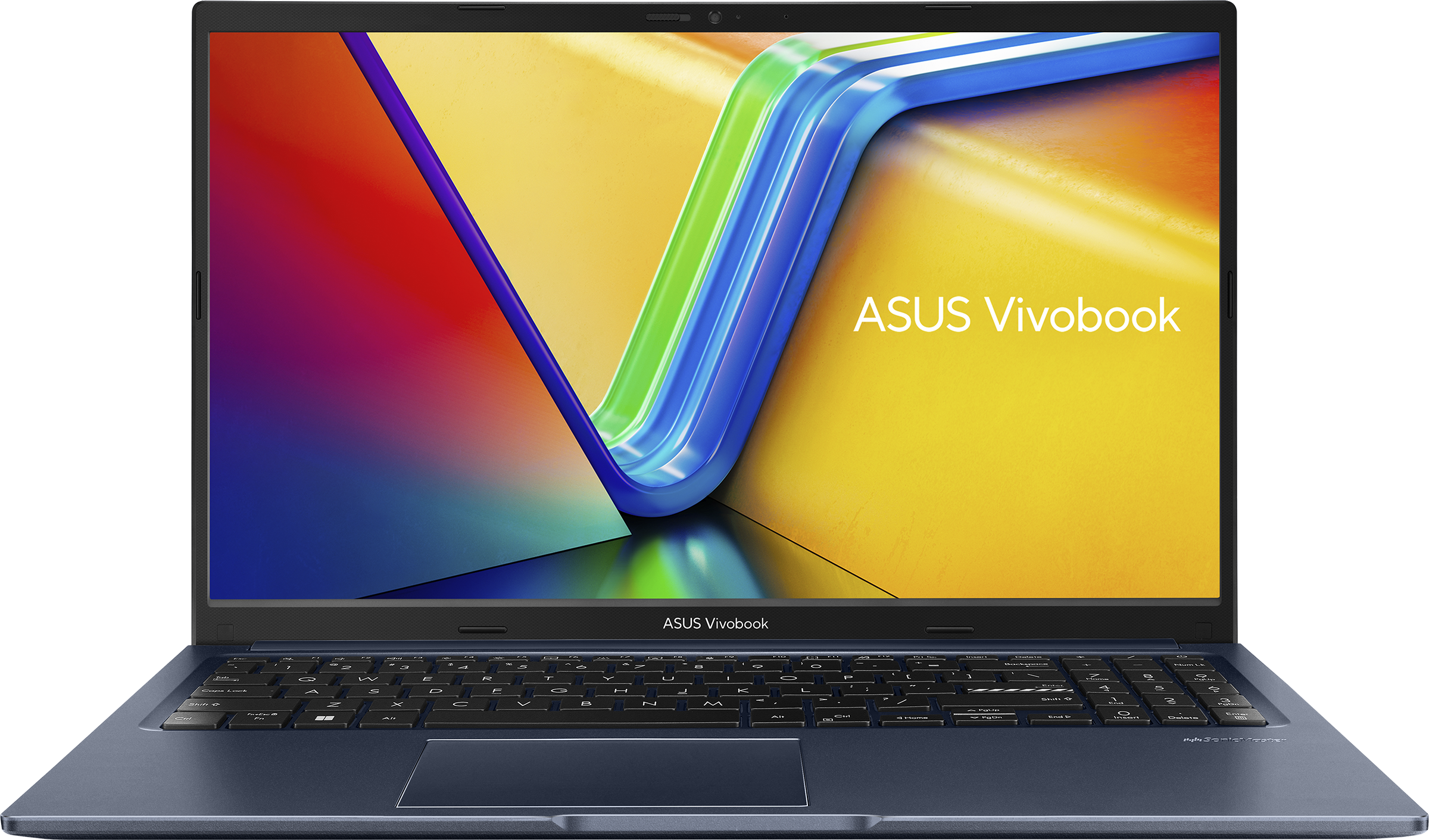 Sötétkék ASUS Vivobook laptop színes háttérrel a képernyőn.