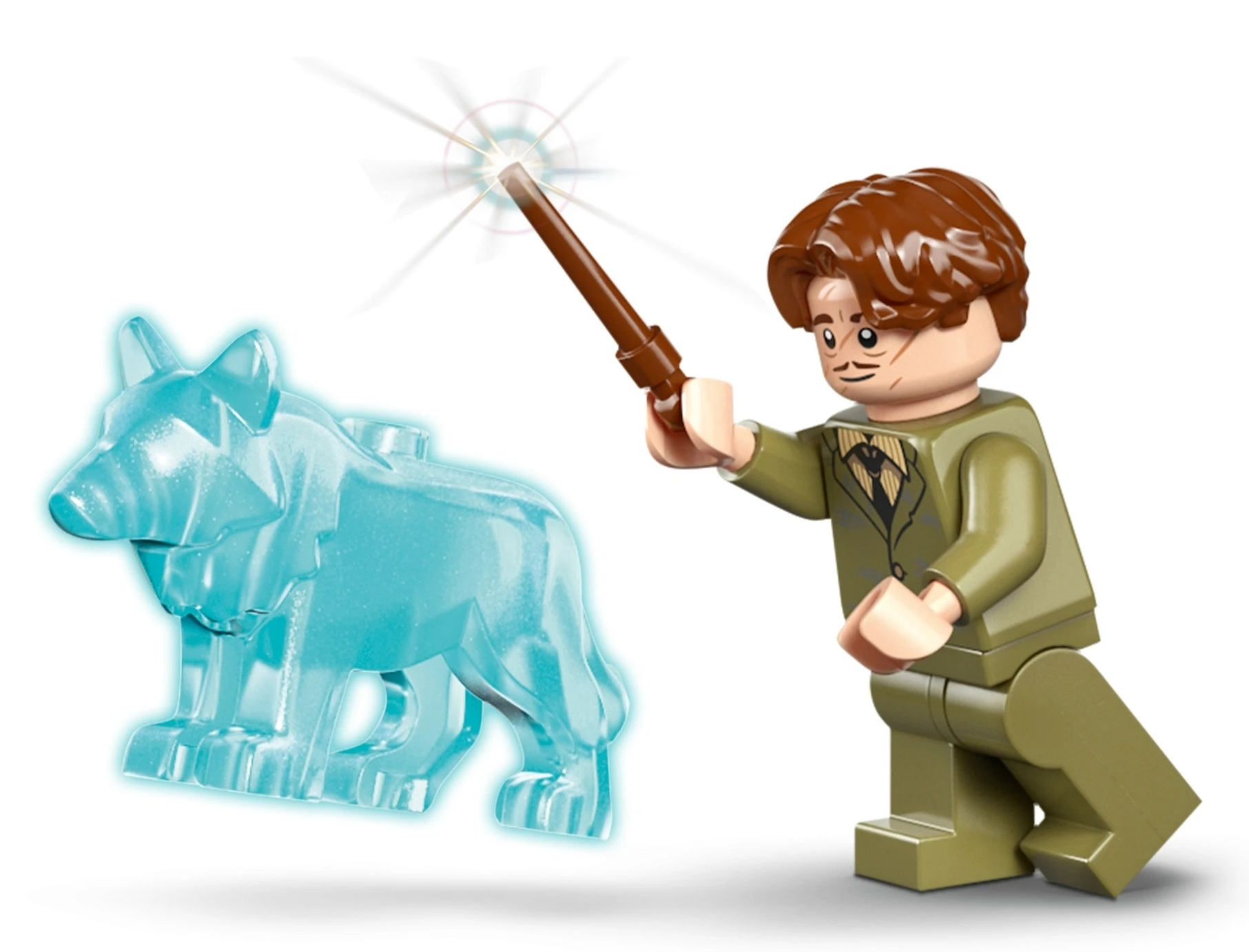 Figurka Lego z różdżką przywołuje przezroczystego niebieskiego wilka.