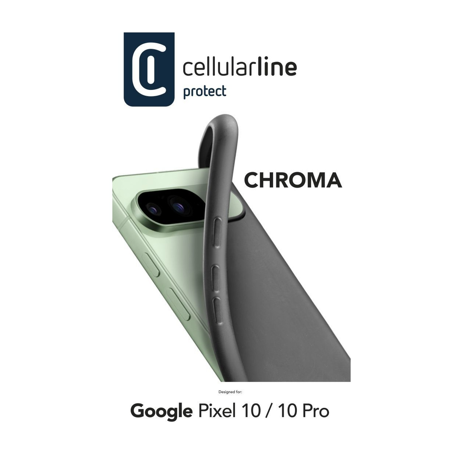 Google Pixel 10/10 Pro verde con custodia CHROMA Cellularline scura.