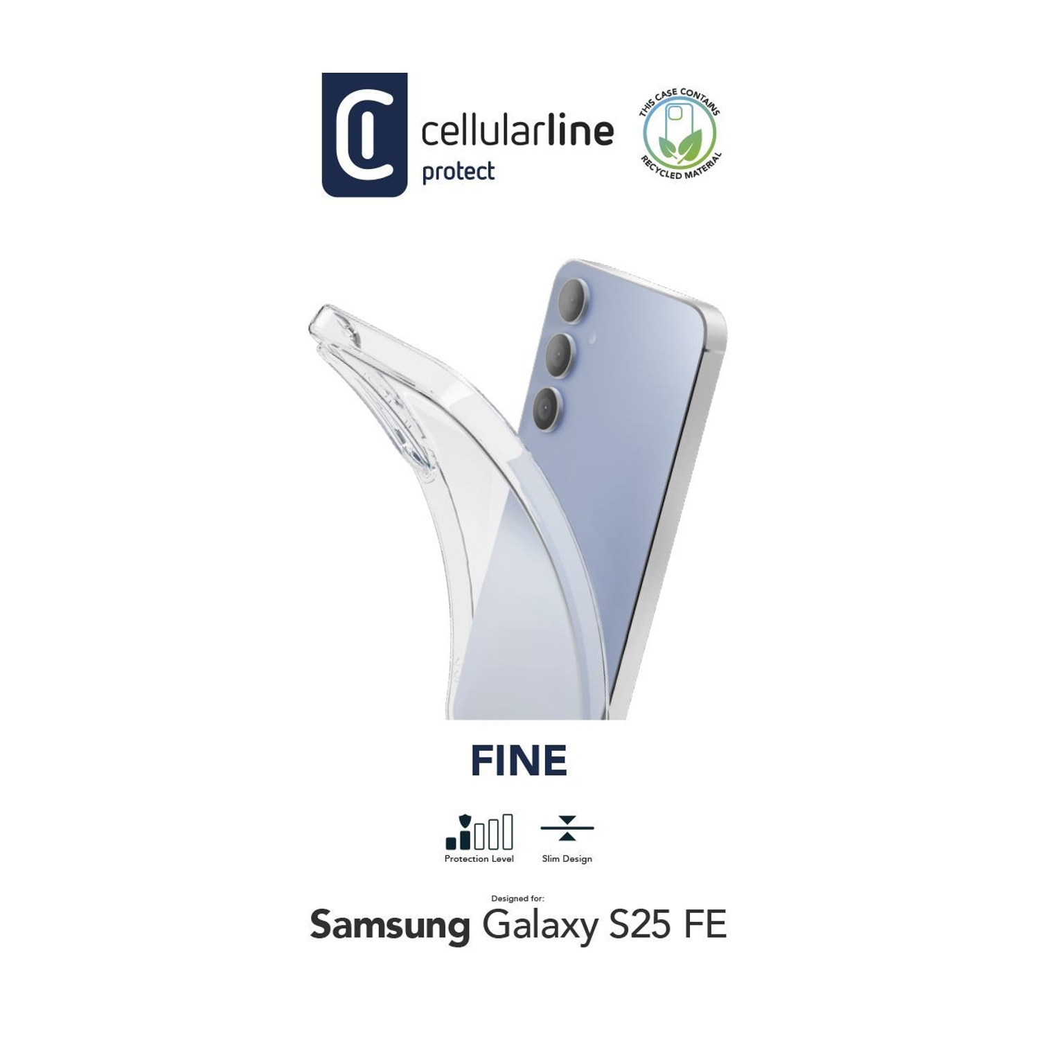 Custodia trasparente per Samsung Galaxy S25 FE. Logo materiale riciclato.