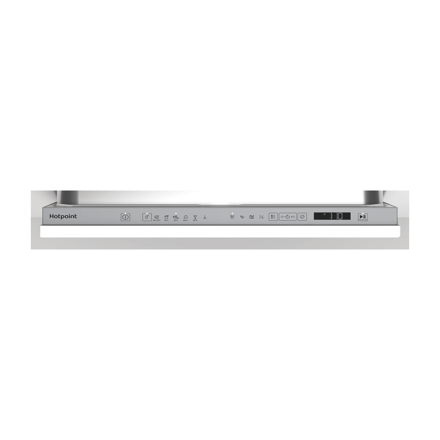 Pannello di controllo Hotpoint con icone e display digitale in argento.
