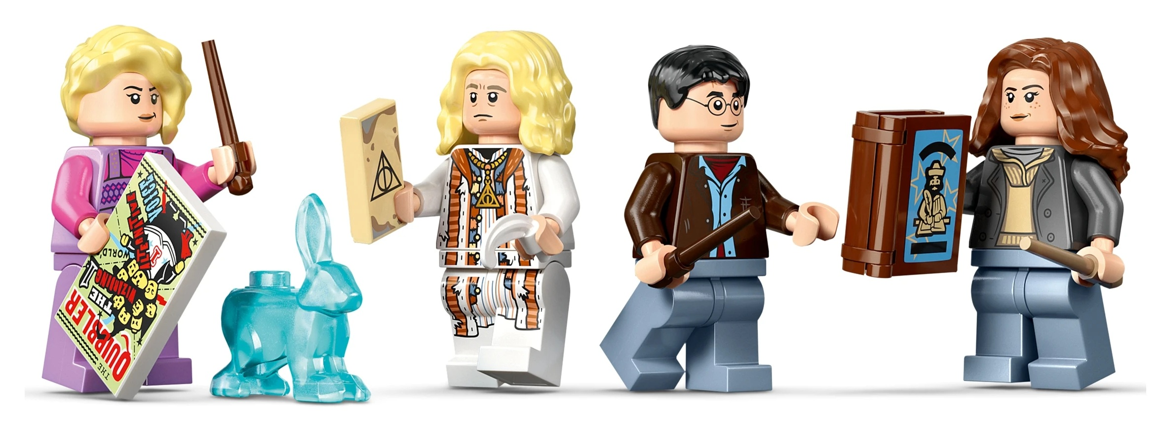 Pięć figurek Lego: Harry Potter, Luna Lovegood i inni z różdżkami.