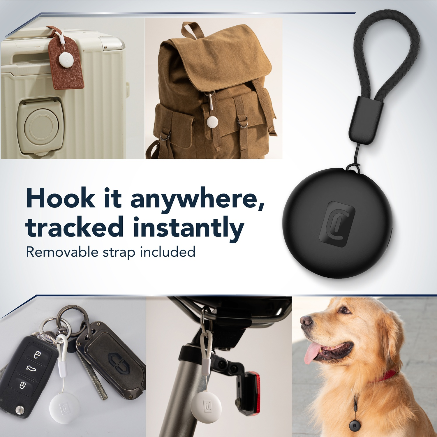 Un tracker su bagaglio, zaino, portachiavi, bici e cane.