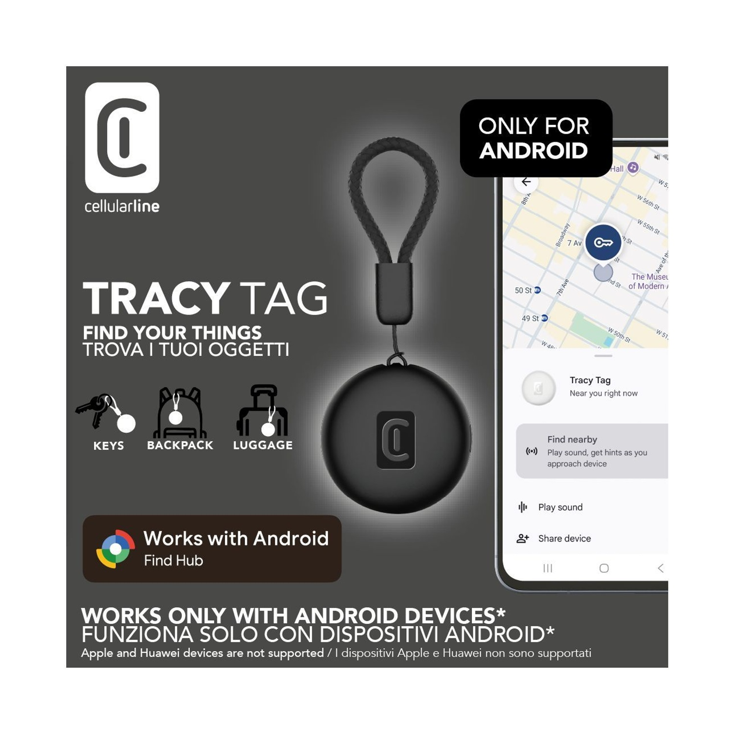 Etichetta Cellularline Tracy per Android con icone per chiavi, zaino e bagagli.