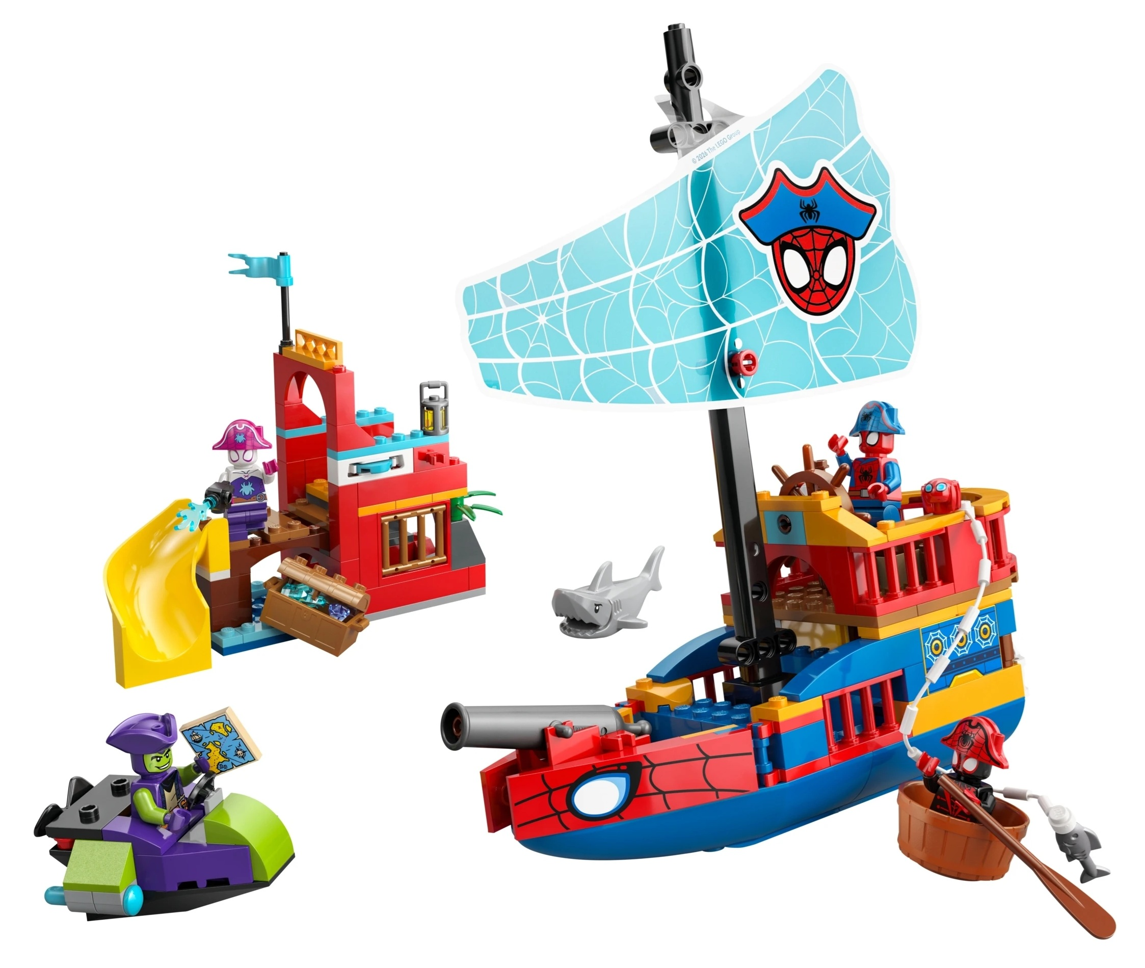 Zestaw Lego Spider-Man z łodzią piracką, wieżą na wyspie, pojazdem i postaciami.
