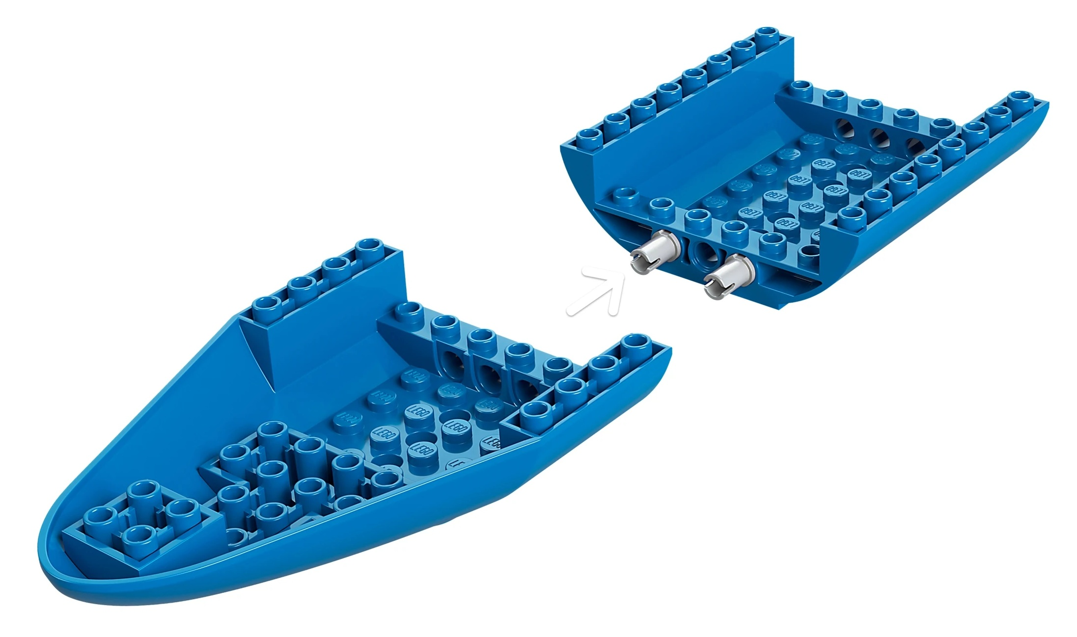 Dwa niebieskie klocki Lego z wypustkami i rurkami, gotowe do połączenia.
