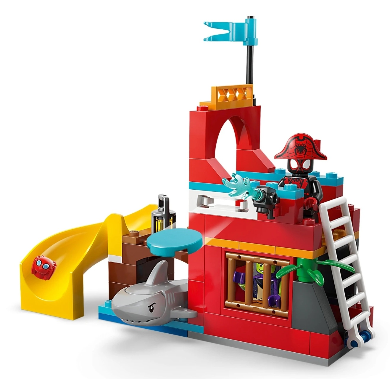Zestaw Lego z Spidermanem jako piratem, ze zjeżdżalnią, więzieniem i rekinem.